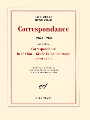 cover image of Correspondance (1954-1968). Suivi de la Correspondance René Char--Gisèle Celan Lestrange